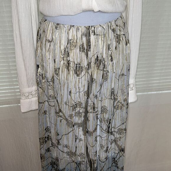 Anthropologie M Light Blue Gold Gray Black Metallic Sheer Chiffon Maxi Skirt - Picture 4 of 14
